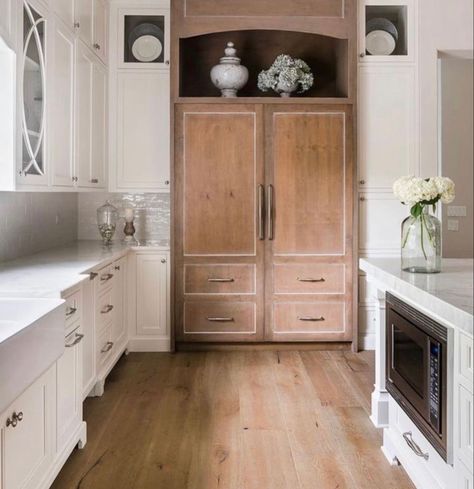 Stand Alone Refrigerator Ideas, Cabinet Front Refrigerator, Refrigerator Wall With Cabinets, Pantry Armoire, Built In Pantry Cabinet Wall, Paneled Fridge, Patina Kitchen, Armoire Pantry, Walden House