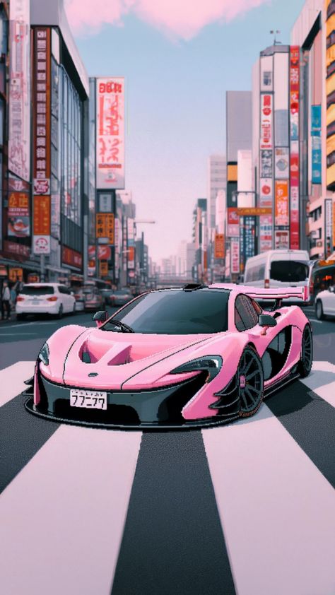 Pink McLaren P1 in Tokyo pixel art wallpaper Mclaren Lockscreen, Tokyo Pixel Art, Mclaren P1 Wallpapers, Pink Mclaren, Mclaren 650s Gt3, Pixel Art Wallpaper, Pixel Car, Pink Cars, Mclaren 650s