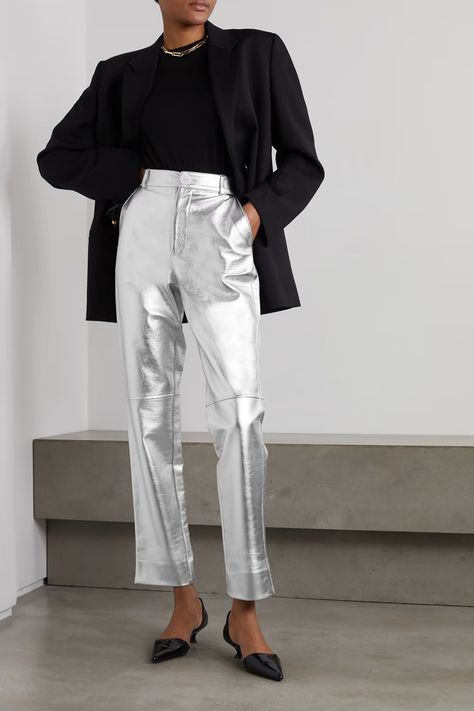 Silver Jeans Outfit, Silver Pants Outfit, Metallic Pants Outfit, Nails Metal, Silver Trousers, Nails Metallic, Metal Nails, Metallic Trousers, Silver Pants