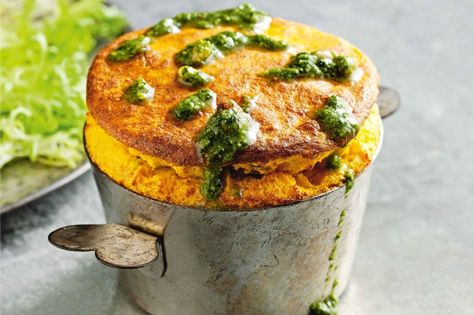 {Cheesy polenta and pumpkin souffles} These cheesy puffed golden souffles need only 15 minutes prep, and use up leftover ingredients from the related recipes. Clever! Instant Polenta, Cheesy Polenta, Pumpkin Souffle, Polenta Recipes, Souffle Recipes, Dinner Inspiration, Delicious Pumpkin, Savory Snacks, Holiday Dinner