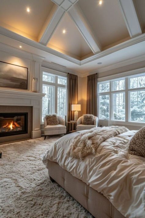 Suburban House Interior Master Bedrooms, Home Decor Ideas Master Suite, Fireplace In Master Bed, Huge Bedroom Ideas, Ideas For Women’s Bedroom, Suburban Bedroom, Dream Rooms For Adults, Suburban Interior, Bedroom Fireplace Decor