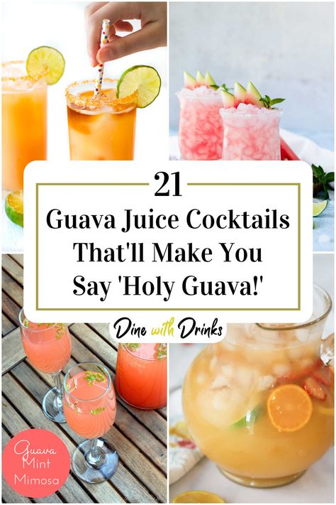 Collage of 4 guava juice cocktails. Guava Cocktails, Guava Cocktail Recipes, Juice Cocktail Recipes, Guava Cocktail, Guava Drink, Guava Syrup, Guava Margarita, Guava Recipes, Juice Cocktails