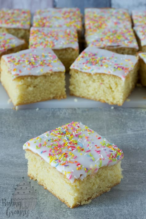 School Cake - Baking with Granny Old Fashioned School, Victoria Sponge Recipe, Rock Buns, School Dinners, School Cake, Lemon Drizzle Cake, Scottish Recipes, Drizzle Cake, Sprinkle Cake