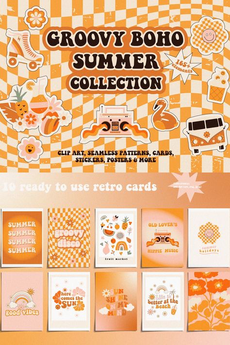 Groovy Retro - Summer collection 70s, Graphics Summer Magazine Design, Retro Boho Graphics, Retro Magazine Design, Juice Bar Design, Hippie Music, Theme Template, Art Apps, Retro Theme, Retro Summer