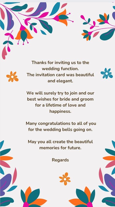 Invitation reply, thank you note Thanks Messages, Wedding Invitation Text, Happy Marriage Anniversary, Wedding Messages, Marriage Invitations, Anniversary Greetings, Marriage Anniversary, Paper Craft Diy Projects, Digital Card