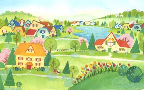 Village Illustration Art, Village Illustration, Spring Village, Castle Illustration, Family Quotes Inspirational, Naive Illustration, Garden Illustration, Ipad Drawings, Japanese Illustration