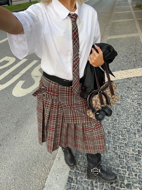 #mingalondon #midiskirt #tartan #tartanskirt #tie #tartantie #skirt #pleated #pleatedskirt #bomberjacket #leatherjacket #veganleather #veganclothes #blackjacket #classof2024 #backtoschool #btsoutfit #backtoschooloutfit #btsfit #backtoschoolinspo #outfitinspo #grungefashion #grungeaesthetic #grungestyle #aesthetic #grungegirl #outfitinspo #outfitinspiration #outfitideas #styleinspo #grungegirl #aestheticoutfit #90s #00s #outfitinspo #outfitideia #styleinspo Pleated Midi Skirt Outfit, Plaid Midi Skirt, Minga London, Alt Clothing, Tartan Tie, Pleated Skirt Outfit, Midi Skirt Outfit, 70s Outfits, Tartan Skirt