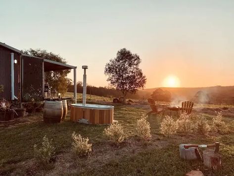 The Grove At Ryans Rest Is Your New Tiny House Obsession In Pemberton Tiny House Farm, Farm Airbnb, Airbnb Australia, Outdoor Fire Pit Area, Australia House, House Farm, Rain Water Tank, Outdoor Bath, Outdoor Bean Bag