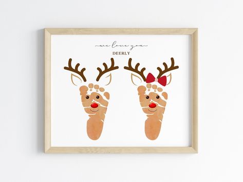 Deer Footprint Craft Christmas, Rain Deer Footprint, Family Footprint Art, Xmas Crafts For Babies, Deer Footprint Craft, Reindeer Footprint Craft, Baby Christmas Footprint Art, Footprint Crafts For Grandparents, Baby Footprint Christmas Crafts