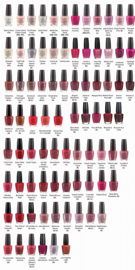 OPI collection..my favorite brand of polish. Check eBay for some good prices on most nail products. I do not sell these. Nail Color Combinations, Colors Chart, Opi Nail Polish Colors, Opi Colors, Opi Nail Colors, Names List, Nagellack Trends, Pink Names, Paint Colour