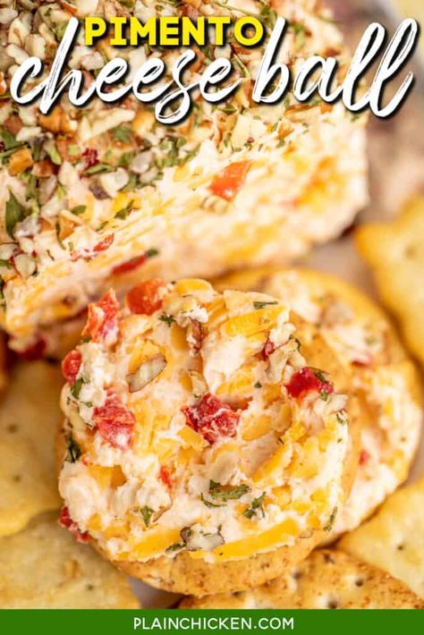 Pimento Cheese Ball - SUPER easy to make and tastes fantastic! Cream cheese, parmesan, cheddar, mayonnaise, garlic salt, pimentos, and pecans. This is great for parties and holiday snacking! Can make in advance and refrigerate until ready to serve. Low-Carb, Keto-Friendly, and Gluten-Free! Pimento Cheese Ball, Tailgate Dips, Pimento Cheese Sandwiches, Pimento Cheese Recipes, Best Sausage, Make Ahead Appetizers, Ball Recipes, Plain Chicken, Party Appetizers Easy