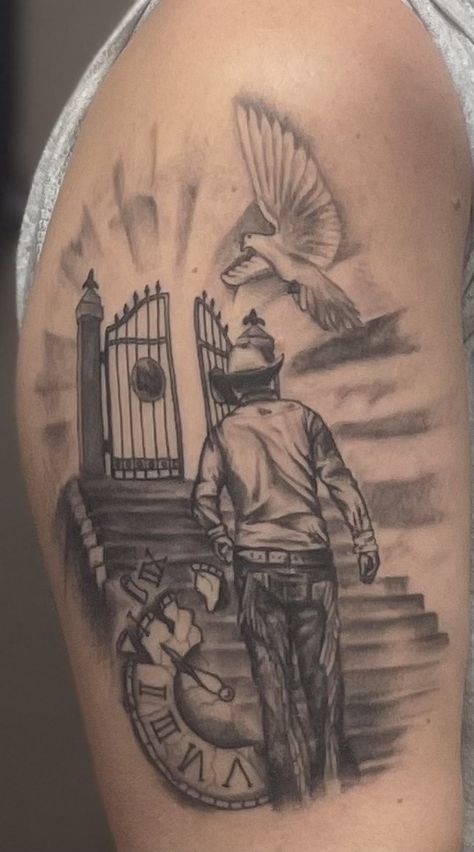 Cowboy In Heaven Tattoo, Father Passing Tattoo Ideas, Hunting Memorial Tattoos For Grandpa, Mexican Memorial Tattoos, Farmer Memorial Tattoo, Memorial Tattoos For Men Grandpa, Memorial Tattoo For Grandfather, Grandpa And Granddaughter Tattoos, Cowboy Memorial Tattoo