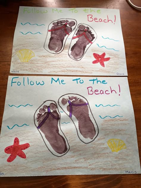 Summer Feet Print Crafts, Beach Arts And Crafts For Toddlers, Florida Crafts For Preschool, Beach Art For Infants, Beach Infant Crafts, Summer Art Toddlers, Vacation Crafts For Toddlers, Summer Baby Footprint Art, Summer Art For Babies