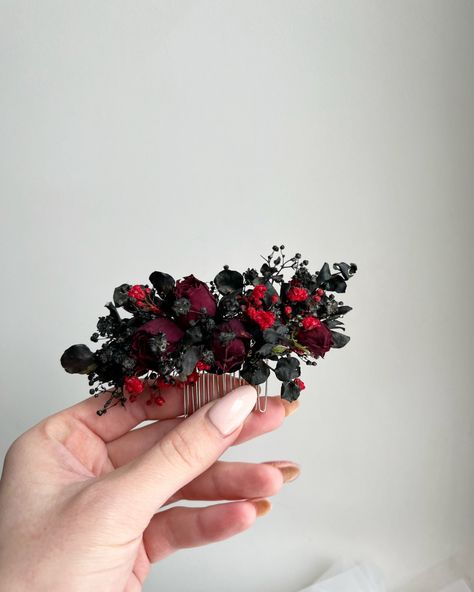 Free shipping for orders over 53€ use code FREE2022   Dear customers, we process flowers ourselves, dry them and make hair accessory.   We have extensive experience in the manufacture of jewelry - more than 3 years.  We have been working with dried flowers for more than 2 years.   We have hundreds of happy brides in our experience.  A set of 3 different hairpins in black, brown, red colors. Size 3-4 inches. The price is for 1 set of 3 hair pins/Comb  Brown hair pins is ideal for a rustic wedding.  The black color of the hair pins is the perfect solution for a gothic wedding. Please tell us your wedding date when purchasing, the jewelry making time may be 7 to 10 days.   You need to store the jewelry in a cool, dry place, preferably in the box in which you received the product, avoiding dir Gothic Wedding Hair, Dried Flowers Hair, Red Black Wedding, Black Gothic Wedding, Rose Headpiece, Black Red Wedding, Nordic Wedding, Flower Hair Pins, Boho Wedding Bouquet