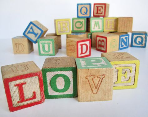 vintage blocks! I can't seem to find these anywhere anymore! Building Blocks Aesthetic, Message For My Husband, Painted Wooden Blocks, Girl Headphones, Wooden Blocks Toys, Vignette Styling, Vintage Alphabet, Abc Blocks, Handmade Baby Toys