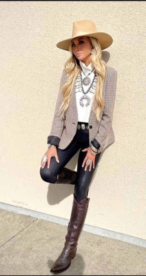 Sophisticated Cowgirl Outfits, Leather Leggings Western Outfit, Fort Worth Stock Show And Rodeo Outfit, Cowgirl Scarf Country Outfits, Western Style For Women Over 50, Cowboy Chic Outfit Women, Yellowstone Outfits For Women, Upscale Country Outfit, Rodeo Gala Outfit