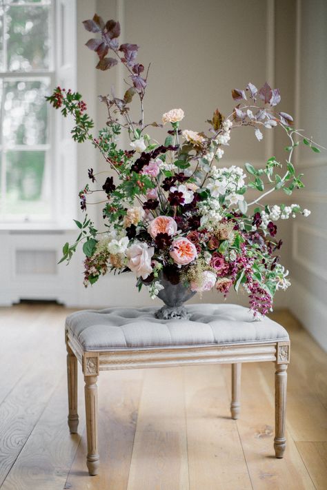 flowy burgundy blush larger church arrangement Floral Arrangement Ideas, Urn Arrangements, Large Flower Arrangements, Spring Palette, Arrangement Ideas, Oil Color, Floral Event Design, Rose Arrangements, Wedding Arrangements