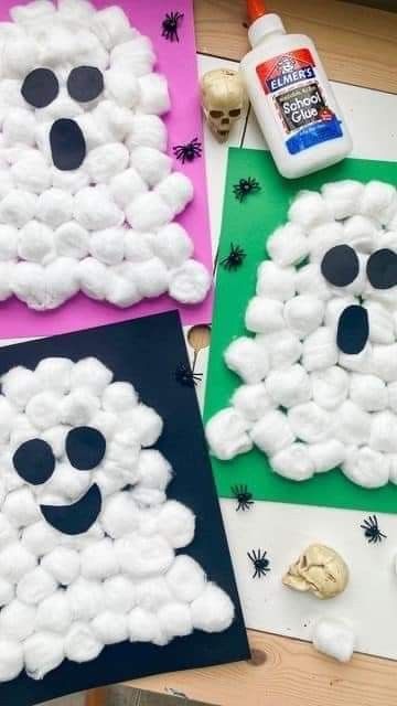 Easy Halloween Arts And Crafts For Kids, Ghost Arts And Crafts For Preschool, Halloween Crafts Easy Kids, Puffy Ghost Halloween Craft, Kids Halloween Arts And Crafts, Kid Crafts Halloween, Ghost Rockets For Kids, Halloween Ideas For Kids Crafts, Diy Toddler Halloween Crafts