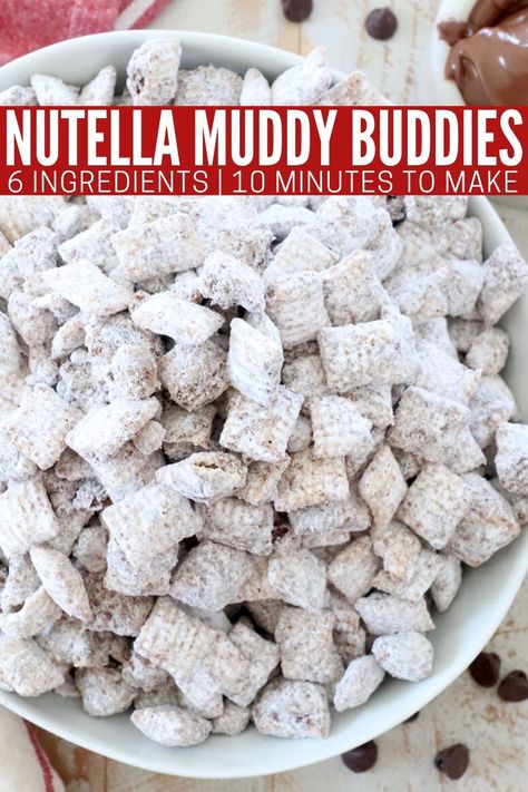 This recipe for Muddy Buddies (also known as puppy chow) is made without peanut butter. Instead we're adding in everyone's favorite Hazelnut spread, Nutella! It's easy to make in just 10 minutes with only 6 ingredients! Nutella Muddy Buddies are naturally gluten free and you can easily cut the recipe in half to make a small batch. This sweet treat is perfect for an afternoon snack, or bag it up and take it to neighbors, friends or parties! Nutella Puppy Chow Recipe, Nutella Puppy Chow, Puppy Chow Snack, Peanut Butter Alternatives, Puppy Chow Chex Mix Recipe, I Lost 100 Pounds, Chex Mix Puppy Chow, Muddy Buddies Recipe, Peanut Butter Nutella