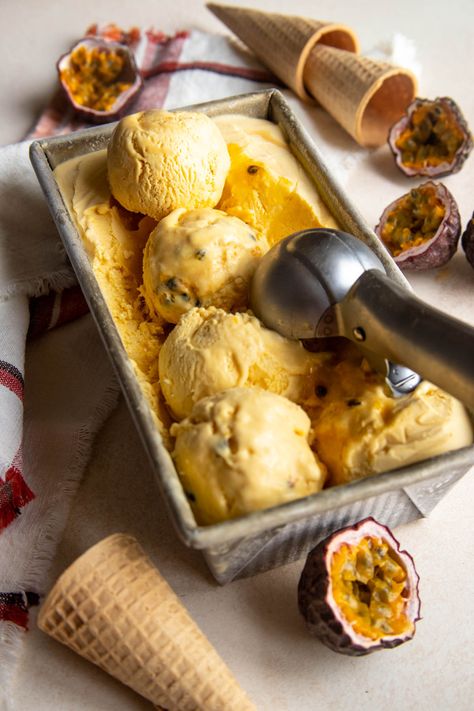 No Churn Passion Fruit Ice Cream - Bakes by Brown Sugar Pumpkin Ice Cream Recipe, Passion Fruit Ice Cream, Passion Fruit Curd, Passionfruit Recipes, Pistachio Gelato, Easy Ice Cream Recipe, Pumpkin Ice Cream, Ice Cream Containers, Fruit Ice Cream