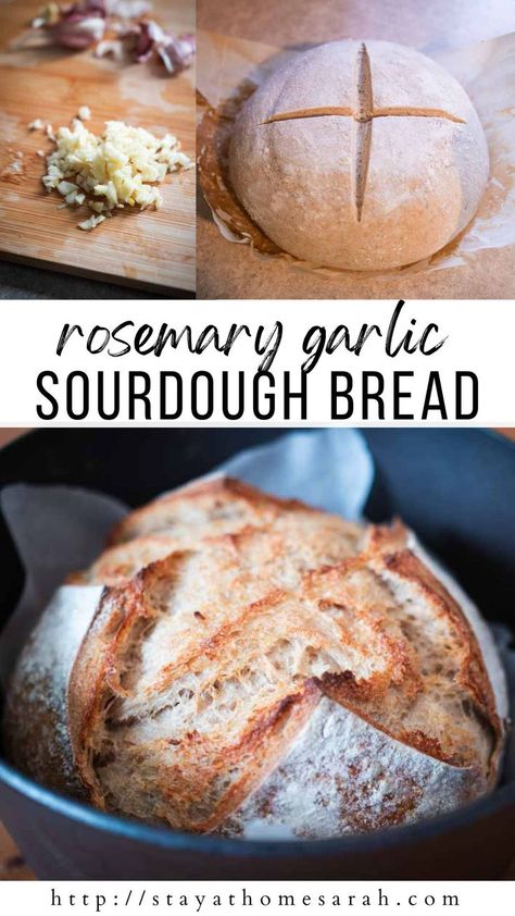 My favorite loaf of classic sourdough bread just got an upgrade in this beautiful and rustic Rosemary Garlic Sourdough Bread. Crusty on the outside and soft and chewy on the inside, so much flavor is packed into this delicious loaf. Serve it warm with soup or turn it into the most incredible grilled cheese! Roasted Garlic And Rosemary Sourdough, Sour Dough Bread In A Crockpot, Sourdough Rustic Loaf, Sourdough Bread Recipe 2 Loaves, Rosemary Cheddar Sourdough Bread, Garlic And Rosemary Sourdough Bread, Roasted Garlic Rosemary Sourdough, Sourdough Bread With Herbs, Sourdough Bread With Add Ins