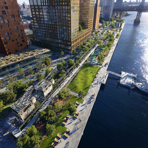 Domino redevelopment’s massive waterfront park will open in summer 2018 - Curbed NYclockmenumore-arrow : The Williamsburg waterfront is set to get a new piece of parkland Waterfront Landscape Design, Domino Park, Waterfront Architecture, Villa Architecture, Shop Architects, Landscape Gardening, Sugar Factory, Linear Park, Park In New York