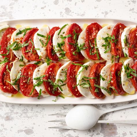 Ina Garden Side Dishes, Oven Roasted Tomatoes With Mozzarella, Roasted Tomato Caprese Salad, Caprice Salad, Roasted Tomato Caprese, Roasted Tomato Salad, Tomato Caprese Salad, Fun Appetizers, Ina Garden