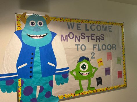 Monsters Inc Classroom Door, Monsters Inc Bulletin Board Ideas, Monsters Inc Bulletin Board, Monsters Inc Hallway Decorations, Monsters University Classroom Theme, Monster Inc Bulletin Board, Monster Inc Hallway Decorations, Monsters Inc Ra Bulletin Board, Monsters University Ra Theme