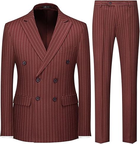 UNINUKOO Men's Suits 2 Piece Pinstripe Double Breasted Tuxedo Suit for Men Slim Fit Formal Dress Blazer Jacket Pants US Size L Burgundy at Amazon Men’s Clothing store Pin Stripe Suit Mens, Pin Stripe Suit, Tuxedo Suit For Men, Stripe Suit, Double Breasted Tuxedo, Striped Suit, Dress Blazer, Mens Blazer, Mens Blazer Jacket