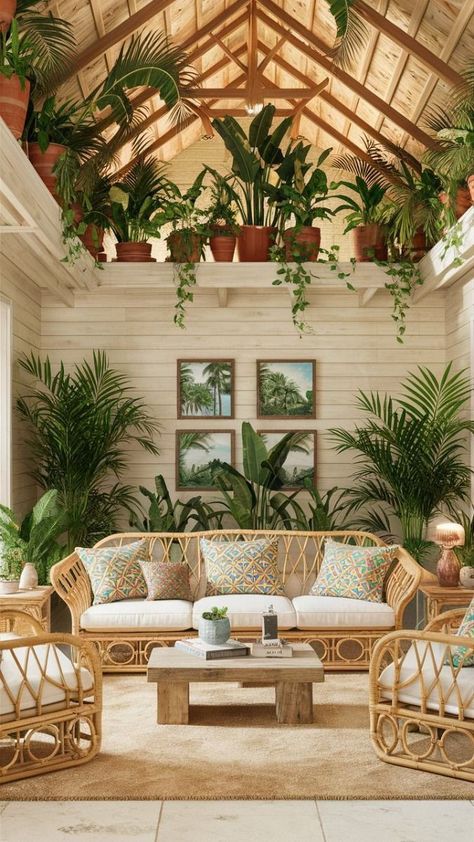 Hawaii House Interior Tropical Style, Hawaii House Interior, Hawaiian Interior Design, Tropical Living Room Ideas, Jamaica Design, Houseplant Decor, Tropical Living Room, Tropical Interiors, Outdoor Entryway