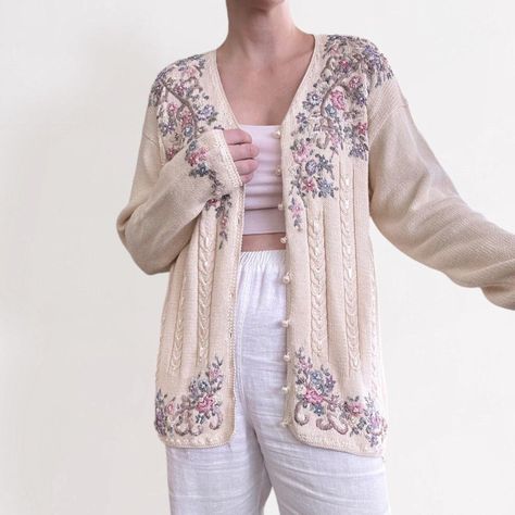 Vintage Grandmacore Embroidered Cardigan... - Depop Glam Grandma Aesthetic, Grandma Cardigan Outfit, Vintage Grandma Aesthetic, Grandmacore Aesthetic Outfit, Grandma Core Fashion, Grandmacore Fashion, Grandmacore Outfit, Grandma Outfit, Grandmacore Aesthetic