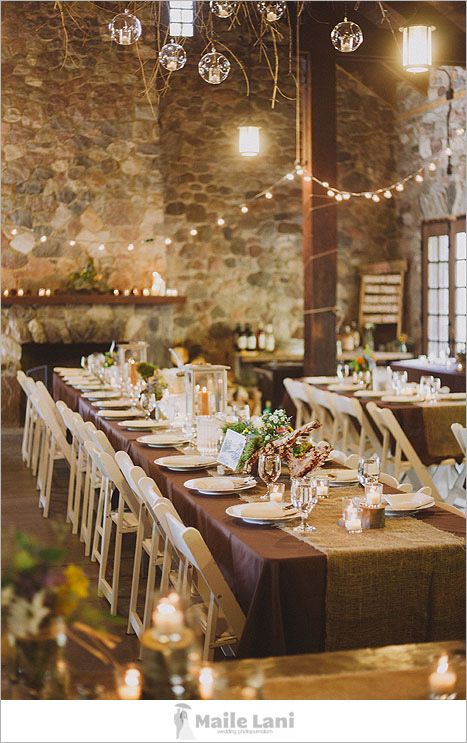 Rustic wedding decor. i like this rustic look Brown Tablecloths, Rustic Tablecloths, Burlap Table Runners, Brown Wedding, Brown Table, Wedding Linens, Wedding Table Settings, Rustic Wedding Decor, Reception Decorations