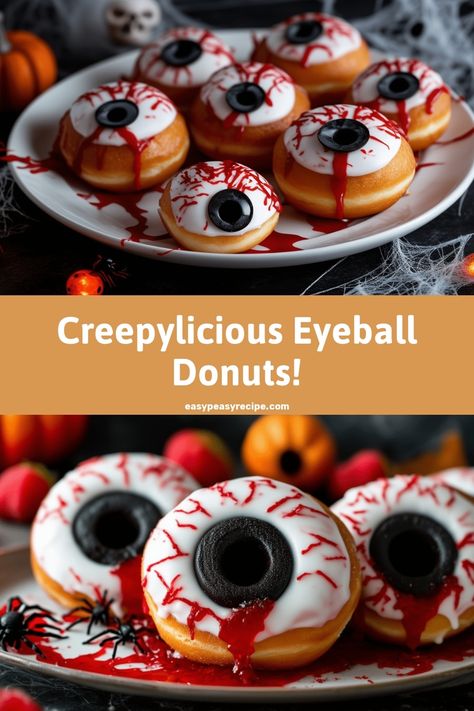 Plate of spooky donuts decorated to look like bloody eyeballs with white frosting, red icing, and black candy centers. Halloween Eyeball Treats, Vampire Donuts Halloween, Halloween Donuts With Teeth, Donut Eyeballs, Halloween Doughnuts Ideas, Halloween Donuts Ideas, Donut Halloween, Quick Sweets, Chocolate Chip Frosting