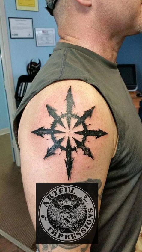 Chaos tattoo Chaos Star Tattoo, Chaos Symbol Tattoo, Chaos Symbol, Chaos Star, Chaos Tattoo, Star Tattoo Meaning, Tattoo Shoulder, Star Tattoo Designs, Symbol Tattoo