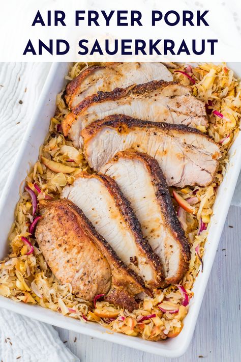 This Air Fryer Pork and Sauerkraut Recipe is a delicious and healthy meal that's perfect for any occasion. Whether you're following a paleo, keto, or whole30 diet, this gluten-free dish is sure to impress. With just an hour of cook time, you can enjoy the flavors of juicy pork and tangy sauerkraut in no time! Air Fryer Sauerkraut, Air Fryer Pork Loin, Pork And Sauerkraut Recipe, Pork Roast And Sauerkraut, Pork Chops And Sauerkraut, Pork And Sauerkraut, Fried Pork Tenderloin, Pork Chop Dishes, Whole30 Diet