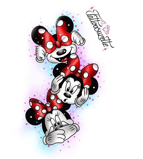 Tattooed Disney Characters, Dark Disney Tattoos, Minnie Mouse Tattoo, Hear See Speak No Evil, Mickey And Minnie Tattoos, Minnie Tattoo, Disney Stitch Tattoo, Elephant Painting Canvas, Mickey Mouse Background