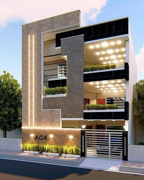 House Elevation Lighting Design, Front Elevation Lighting Ideas, Front Elevation Lighting Designs, G+1 Bunglow Elevation, 30x40 House Elevation Design, Bunglow Elevation Modern G+1, Elevation Lighting Design, Contemporary Elevation Designs For House, Duplex Exterior Design