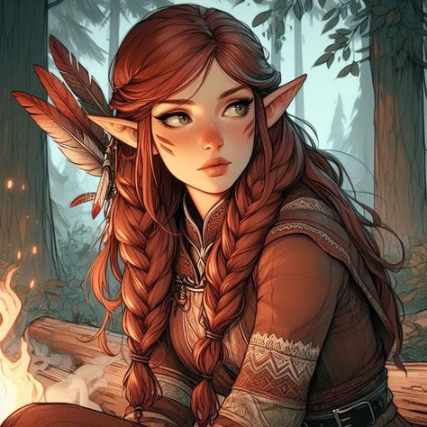 Dnd Elf Hairstyles, Elf Aesthetic Drawing, D&d Druid Art, Feylost Dnd, Woodland Character Design, Dnd Female Half Elf, Druid Costume Female, Dnd Sun Elf, Pencil In Hair