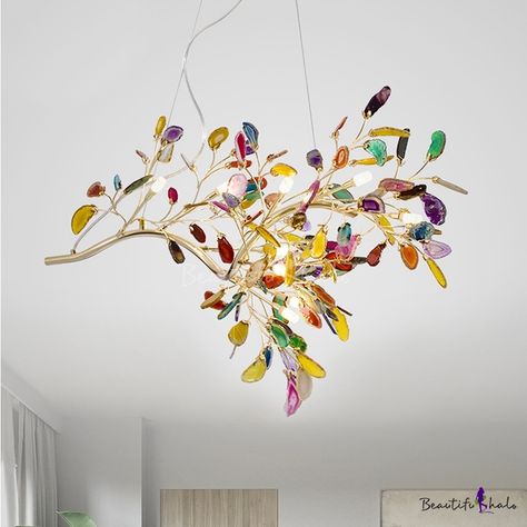 Suspension Chandelier, Bedroom Chandeliers, Colorful Pendant Light, Stone Lighting, Pink Chandelier, Lamp Gold, Chandelier Modern, Craft Lights, Art Deco Chandelier