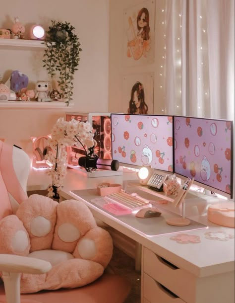 Pink Game Room, Pink Pc, Furniture Color Schemes, Bedroom Makeover Ideas, Small Game Rooms, Gamer Room Decor, Gaming Setups, Office Room Decor, Setup Ideas