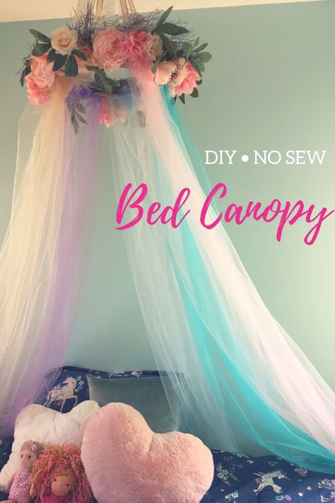 DIY No Sew Bed Canopy Diy Princess Canopy How To Make, Diy Tulle Bed Canopy, Bed Princess Canopy, Cot Canopy Diy, Diy Princess Canopy Bed, Hoop Canopy Over Bed, Tee Pee Bed Canopy, Diy Princess Bed Canopy, Diy Tulle Canopy