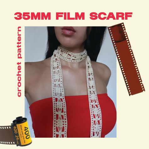 35mm film roll scarf 🎞️🧣📸 𝑭𝒓𝒆𝒆 𝒑𝒂𝒕𝒕𝒆𝒓𝒏 🎀 this lace crochet piece is inspired by the classic 35mm film camera roll 🎞️ the sides of the scarf mimics the perforated edges of the film roll, creating a unique and delicate accessory that can be used as a tiny scarf, a hairband, a belt or anything you like it to be! ❤️ find the pattern for free (link in bio) 📝 enjoy making this piece! ✨ thank you a lot for supporting my work 🫶🏻 - #freecrochetpattern #crochetpattern #lacecrochet #tinyscarf #freep... Tiny Scarf, Lace Crochet Scarf, Borderline Design, Scarf Free Pattern, Crochet Hairband, Crochet Costumes, Crochet Belt, Scary Cute, Crochet Scarf Pattern