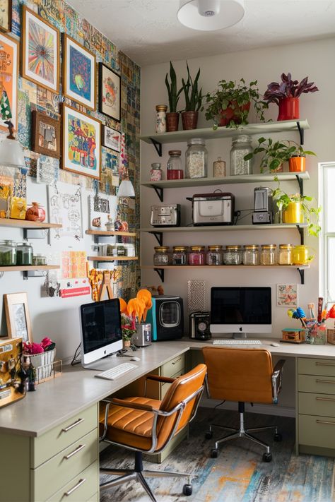 Home office with two desks, computer screens, plants, and colorful wall art. Workspace Room Ideas, Workspace Wall Decor, Art Desk In Bedroom, Gen Z Office Decor, Art Studio Decorating Ideas, Art Area In Bedroom, Colorful Home Office Ideas, Cozy Art Room, Office At Home Ideas