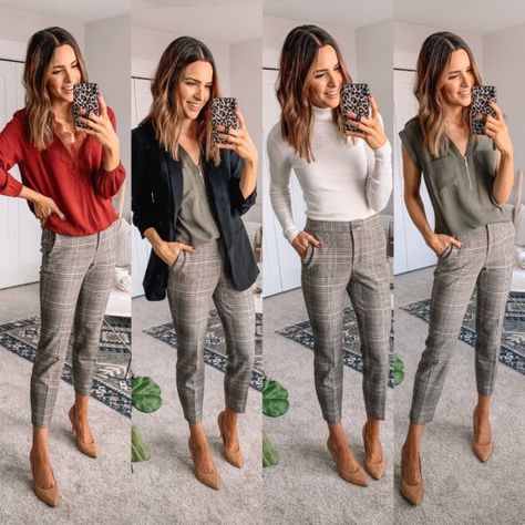 Office Outfits Women Plaid Pants, How To Wear Plaid Pants To Work, Grey Slacks Work Outfit, Business Casual Plaid Pants, Womens Pant Outfits, Womens Business Casual Pants, Outfit Ideas With Plaid Pants, Casual Winter Pants, Cute Dress Pants Outfits