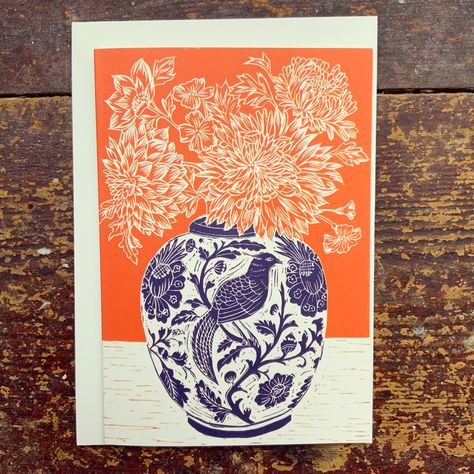 I’m very excited to show you my new card I have made from my ‘Dahlias in Bloom’ original print. It’s A6 and printed onto a lovely heavyweight cream card. It comes with a matching envelope. Printed in contrasting orange and blue it’s a cheerful print to brighten your day!! 🧡💙 Blank inside so perfect for any occasion so you can add a personal note. ✍️ I hope you like it. Available on my website: www.viviennekeable.com or @etsy . . . #dahliasinbloom #dahlia #dahlias #vase #lino #linocut #j... Nature Card, Art Carte, Hand Of Cards, Art Card, Lino Print, Linocut Prints, Original Prints, Brighten Your Day, Linocut