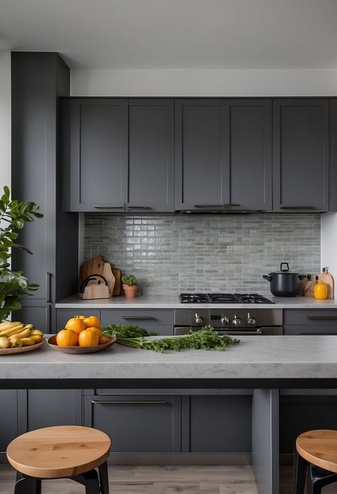 Gray And White Kitchen Cabinets, Gray Kitchen Cabinets, Серая Кухня, Dark Grey Kitchen, Green Kitchen Cabinets, Lake Cabin, Kitchen Colour Schemes, Gray Kitchen, Countertop Design