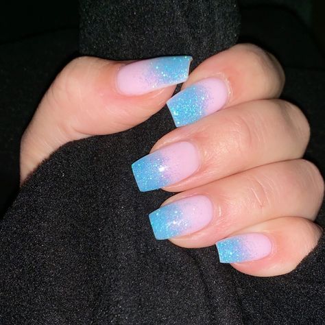 Pink to sparkly blue ombré nails Pink And Blue Ombre Nails Glitter, Light Blue And Pink Ombre Nails, Pretty Ombre Nails Blue, Perrywinkle Nails Prom, Pink And Blue Sparkly Nails, Blue Ombre Wedding Nails, Beach Ombre Nails Summer, Pink Blue Silver Nails, Sparkly Blue Tip Nails