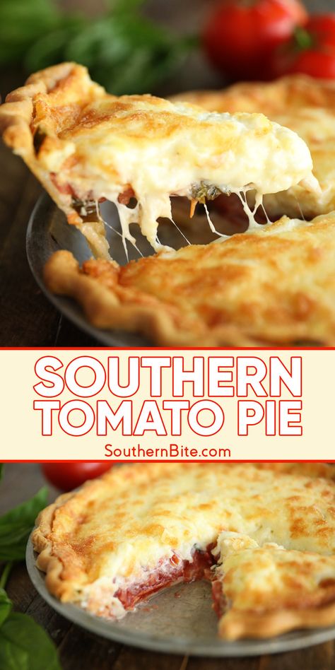 This Southern Tomato Pie Recipe features garden-fresh tomatoes, green onions, fresh basil, and a gooey, cheesy topping. It just tastes like summer in the South! Southern Tomato Pie, Tomato Pie Recipe, Tomato Dishes, Fresh Tomato Recipes, Tomato Pie, Global Recipes, Tomato Recipes, Veggie Dishes, Southern Recipes