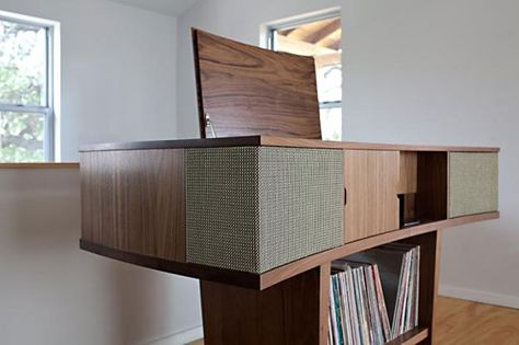 A custom fabricated stereo cabinet by Mark Macek at Splinter Group, the first stop on Heather Pesanti's tour Hifi Console, Hifi Furniture, Record Console, Stereo Console, Sound Room, Stereo Cabinet, Record Display, Vintage Speakers, Audio Room