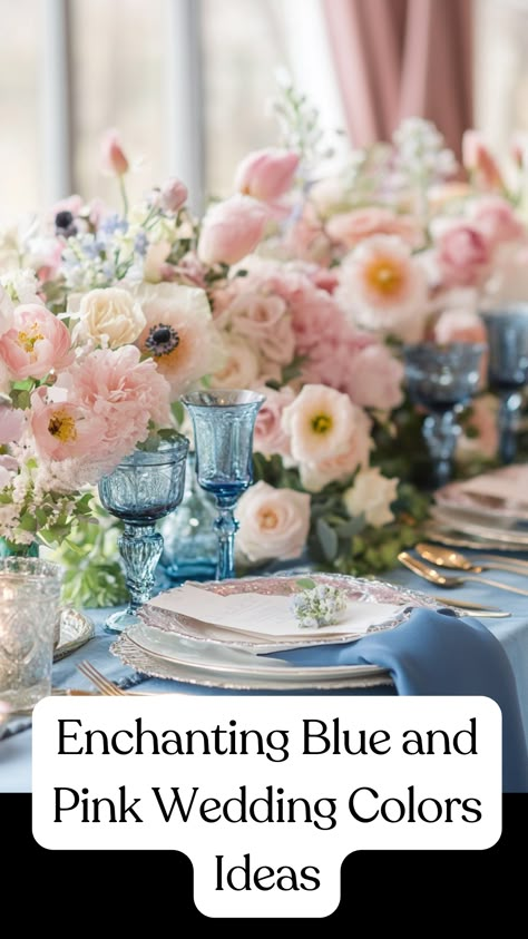 Blue and pink wedding table decor featuring soft florals and elegant details for a romantic celebration. Pink Blue Wedding Theme, Blue And Pink Wedding Flowers, Blush Pink And Blue Wedding, Blue And Pink Wedding Colors, Wedding Tablecloth Ideas, Blue And Pink Wedding Theme, Pink And Blue Wedding Theme, Wedding Table Settings Blue, Dreamy Wedding Theme